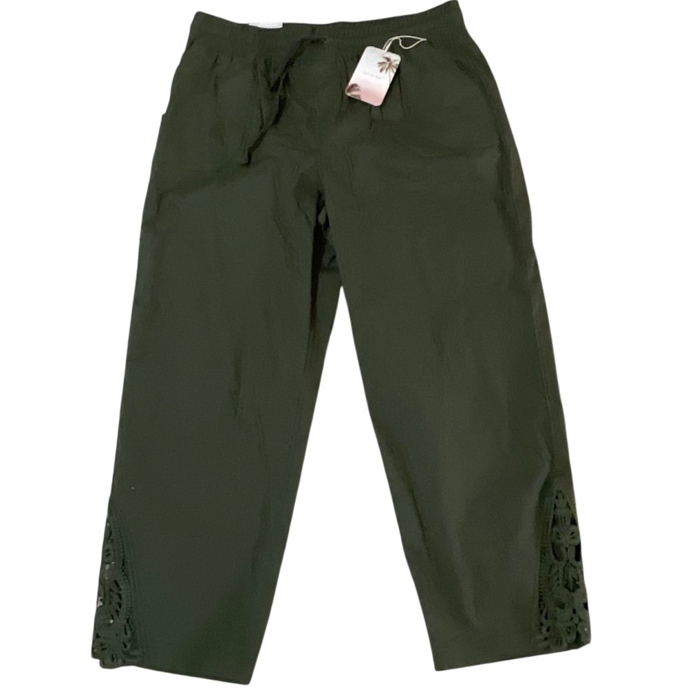 Palm Rio Pants Women L Green Excellence Cropped Lace Hem